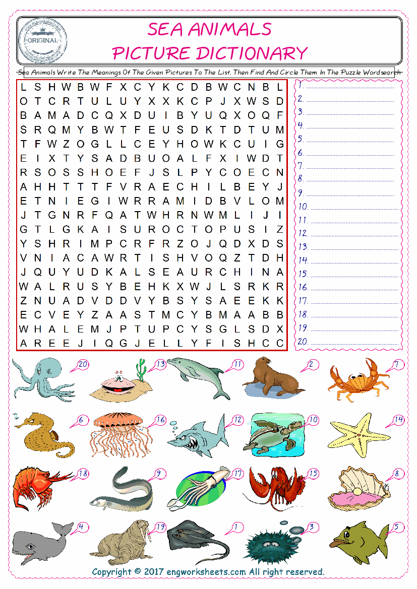  For kids, check the picture of Sea Animals find, and write the word and find it in the word puzzle ESL printable worksheet. 